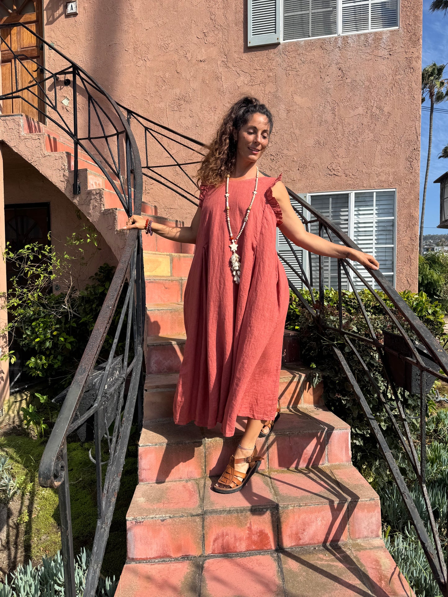 Linen Maxi Dress – Boho Sleeveless Dress with Ruffle Shoulders | Relaxed Fit Midi Maxi Dress | Made in Italy