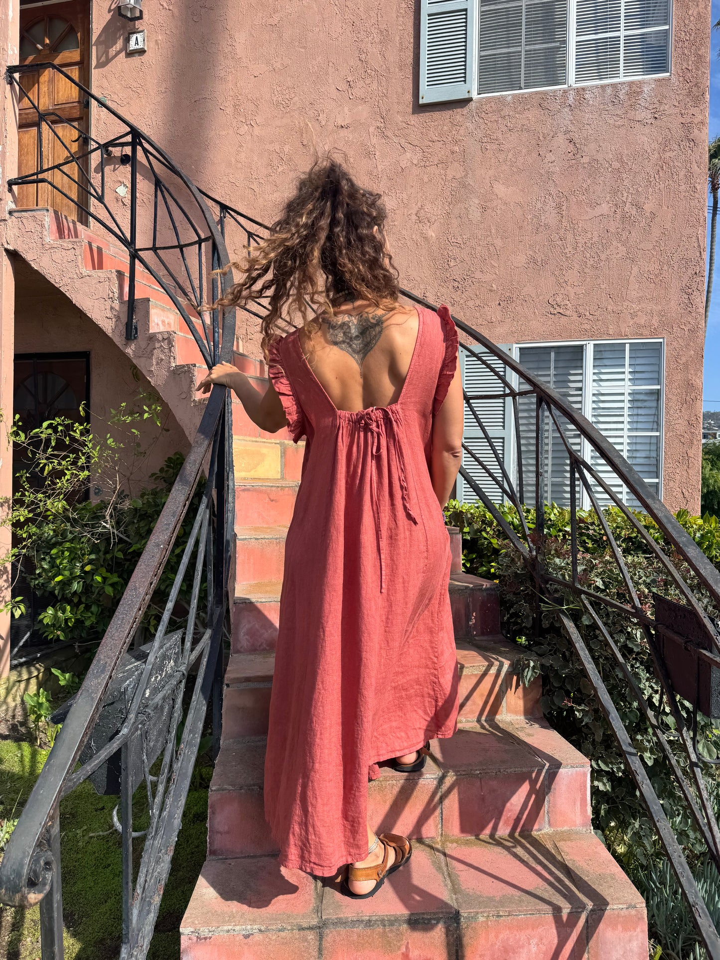 Linen Maxi Dress – Boho Sleeveless Dress with Ruffle Shoulders | Relaxed Fit Midi Maxi Dress | Made in Italy