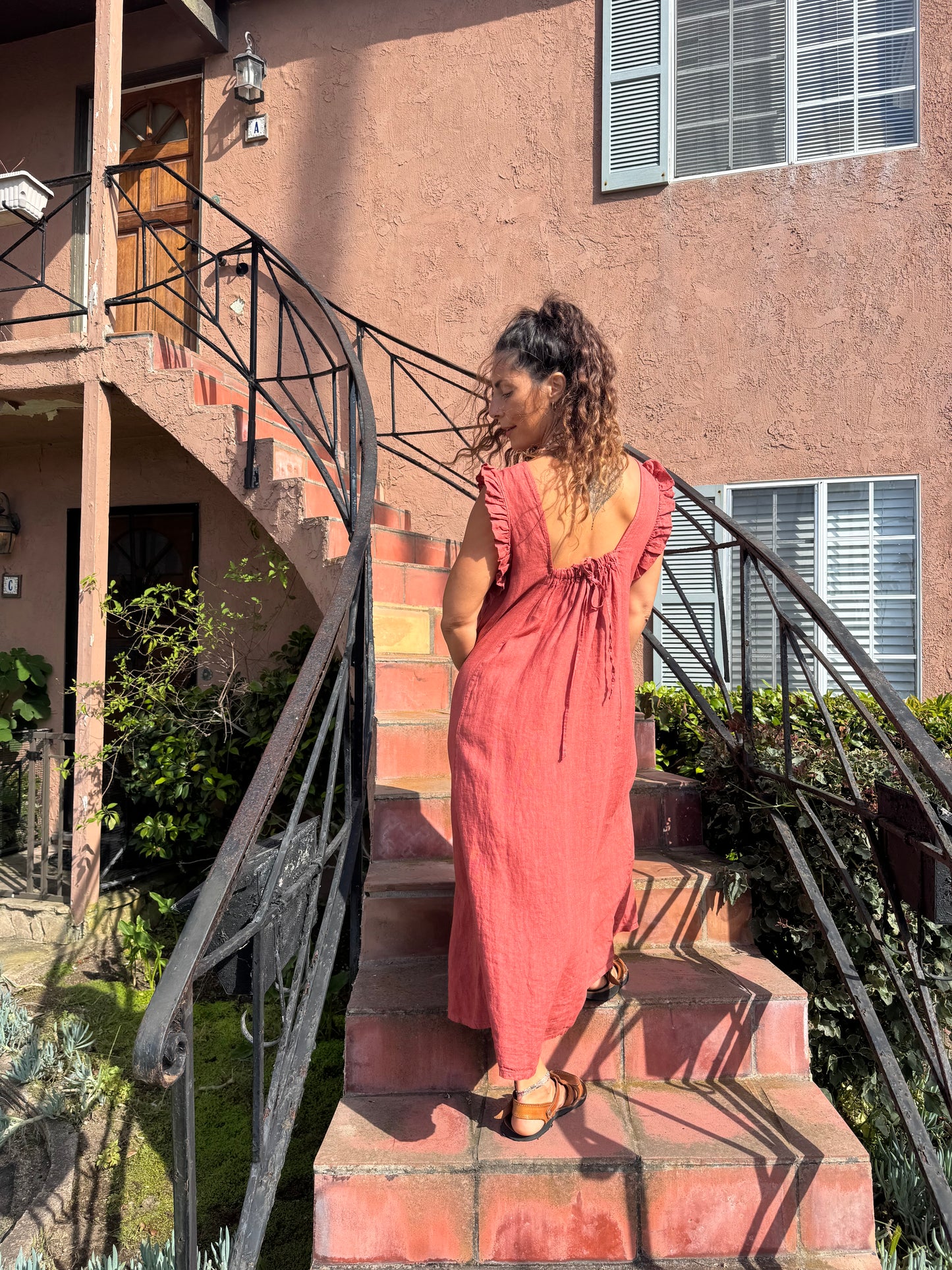 Linen Maxi Dress – Boho Sleeveless Dress with Ruffle Shoulders | Relaxed Fit Midi Maxi Dress | Made in Italy