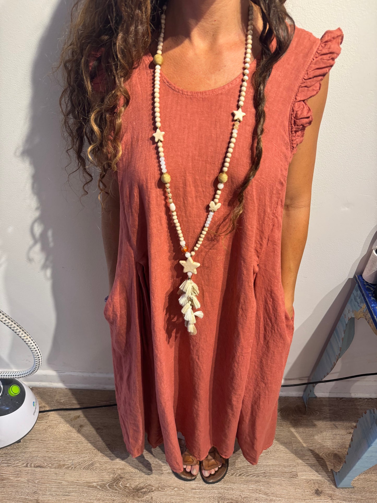 Linen Maxi Dress – Boho Sleeveless Dress with Ruffle Shoulders | Relaxed Fit Midi Maxi Dress | Made in Italy