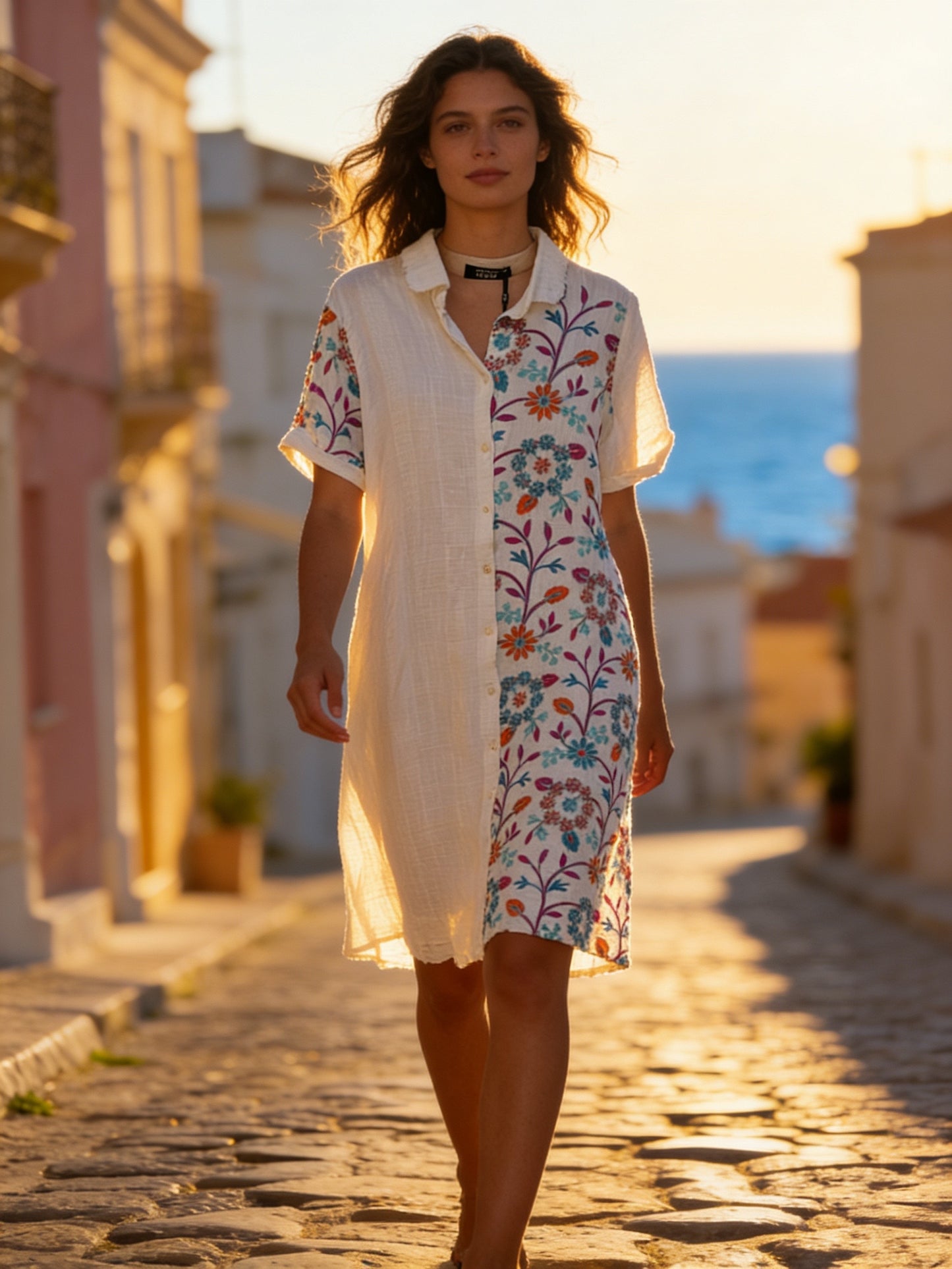 Embroidered Cotton Shirt Dress | Boho Maxi Dress | Button Front | One Size
