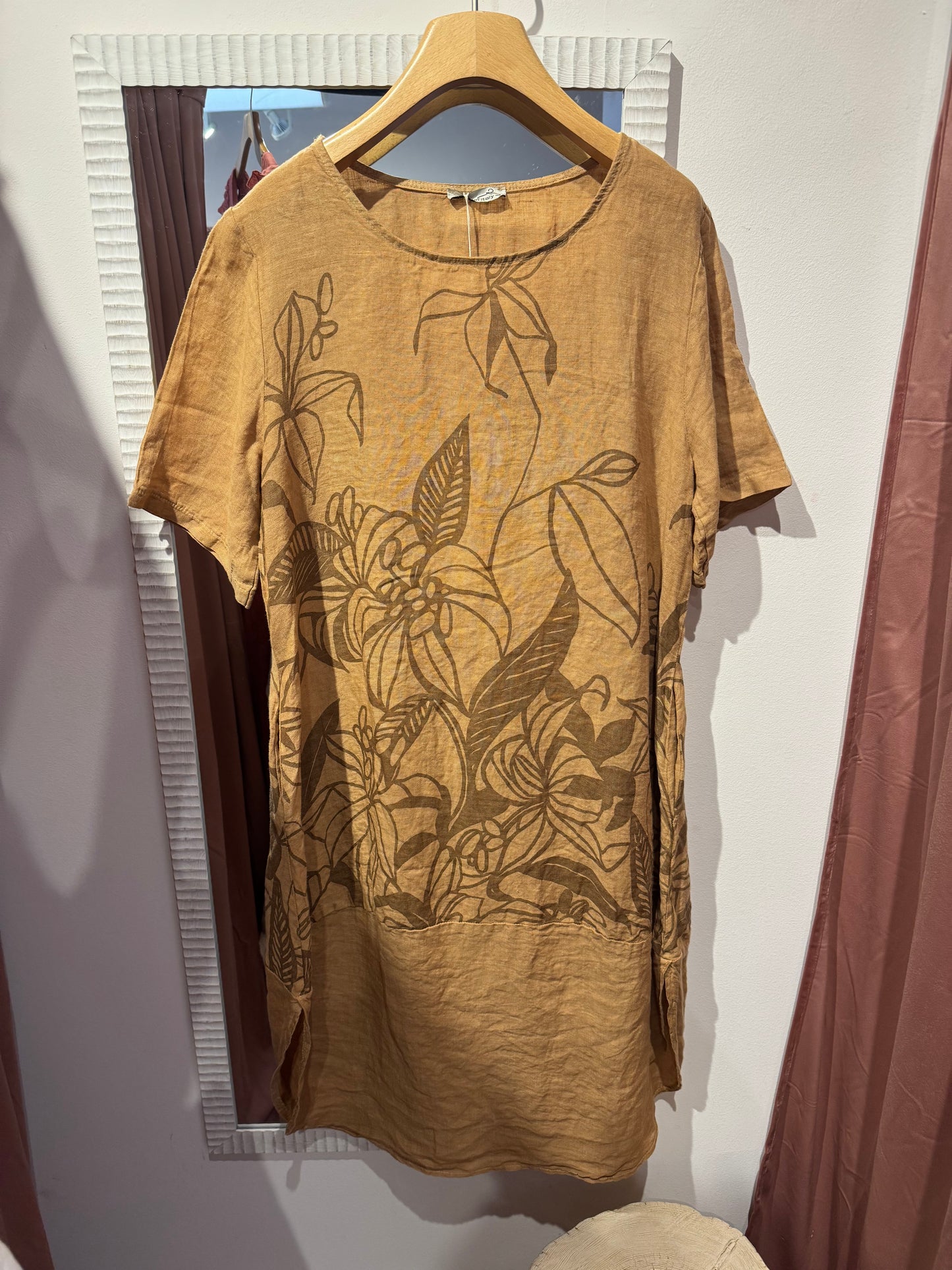 Italian Linen Floral Pocket Dress – One Size Boho Tunic Dress – Made in Italy