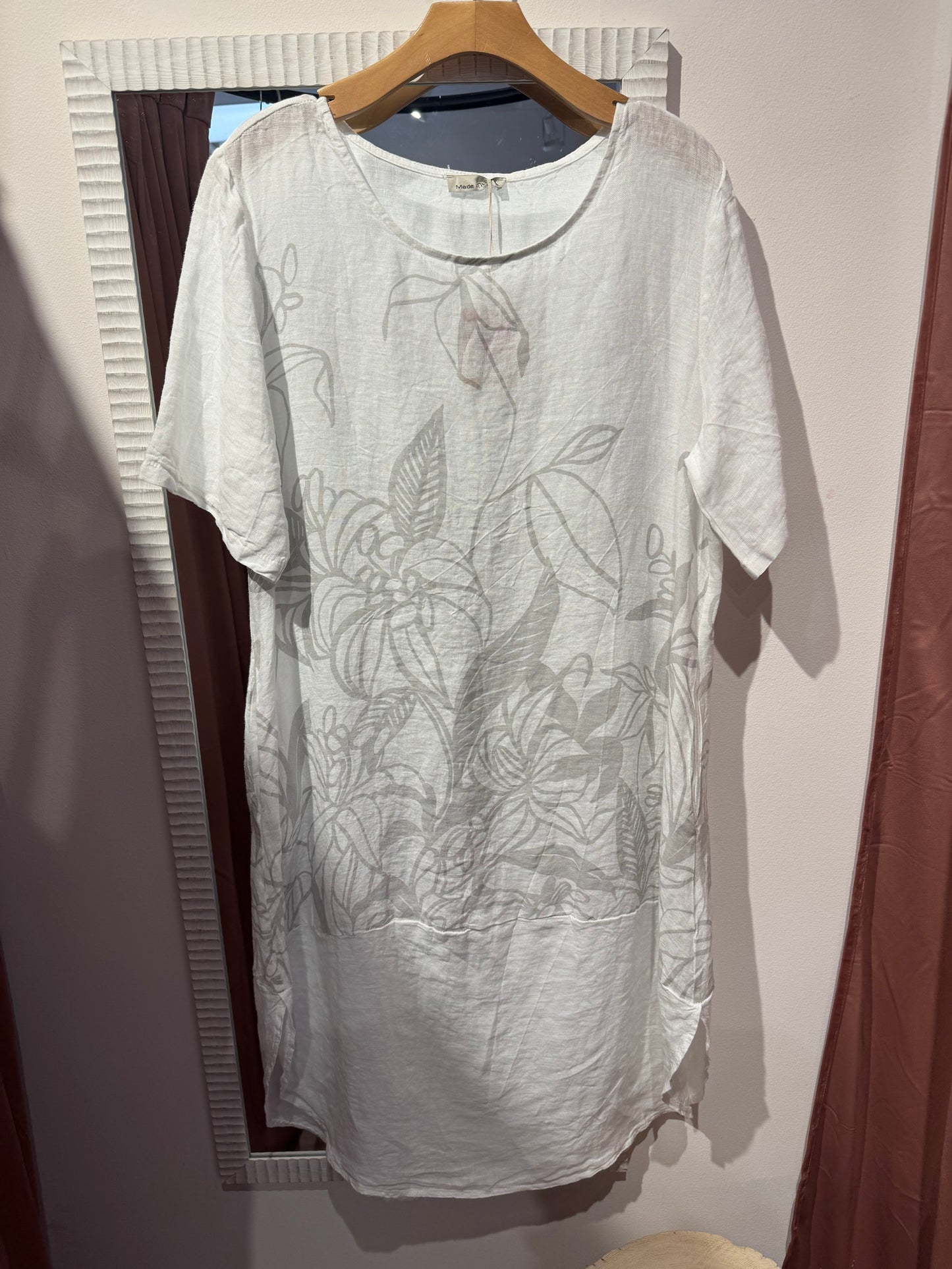 Italian Linen Floral Pocket Dress – One Size Boho Tunic Dress – Made in Italy