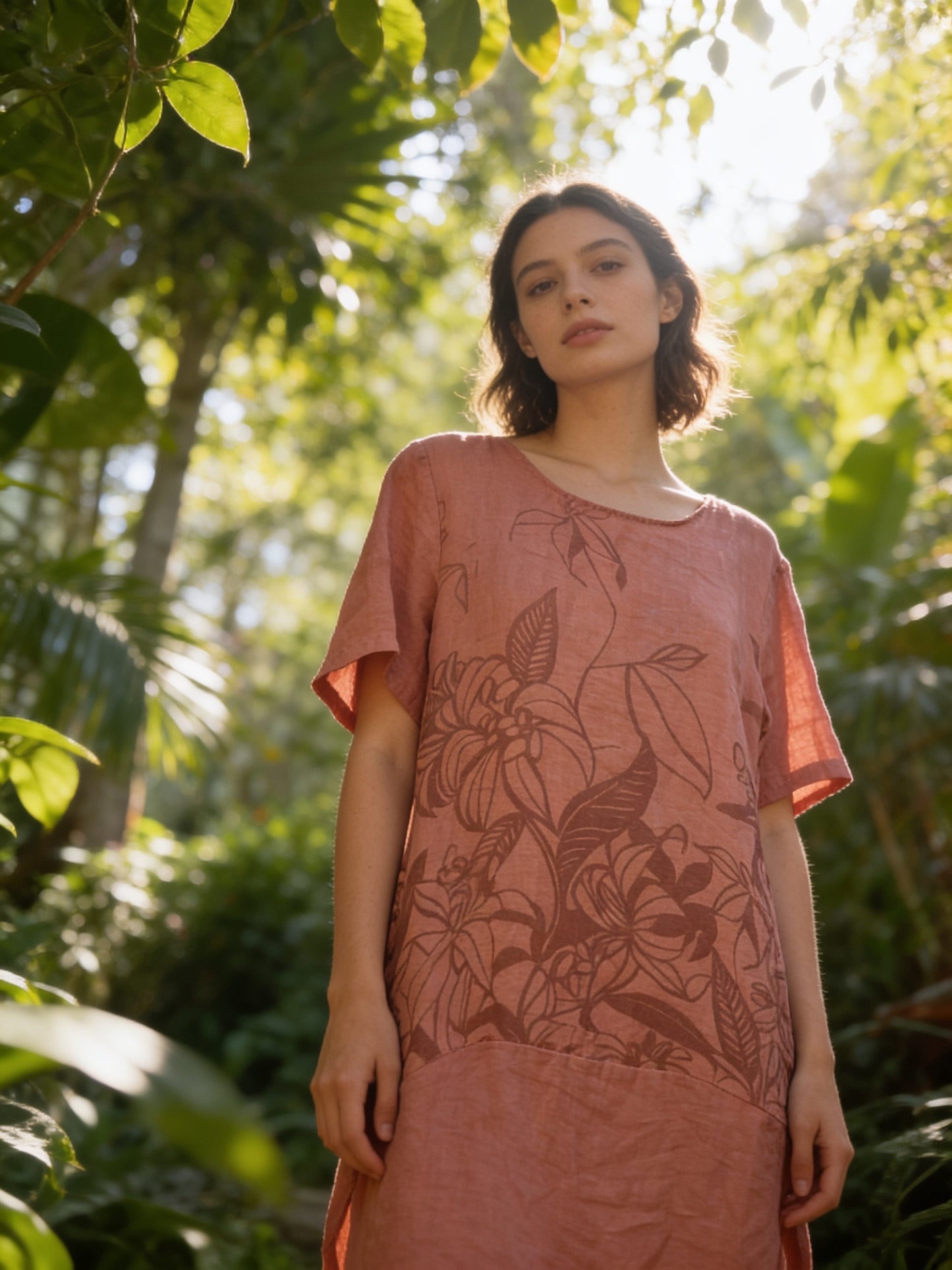 Italian Linen Floral Pocket Dress – One Size Boho Tunic Dress – Made in Italy