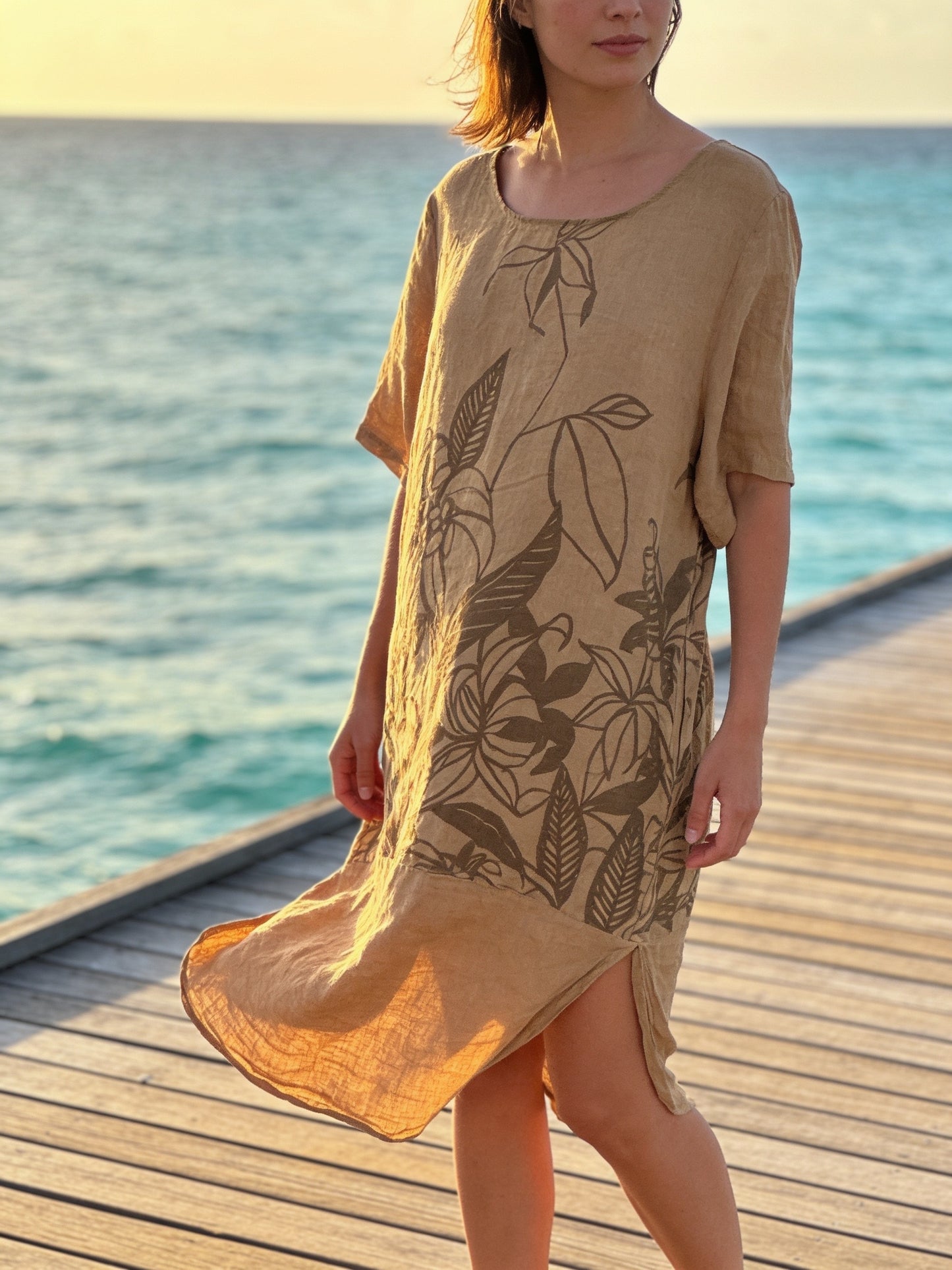 Italian Linen Floral Pocket Dress – One Size Boho Tunic Dress – Made in Italy