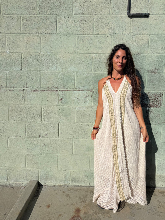 Bohemian Crochet Halter Maxi Dress – Handmade Cotton Lace Dress – One Size