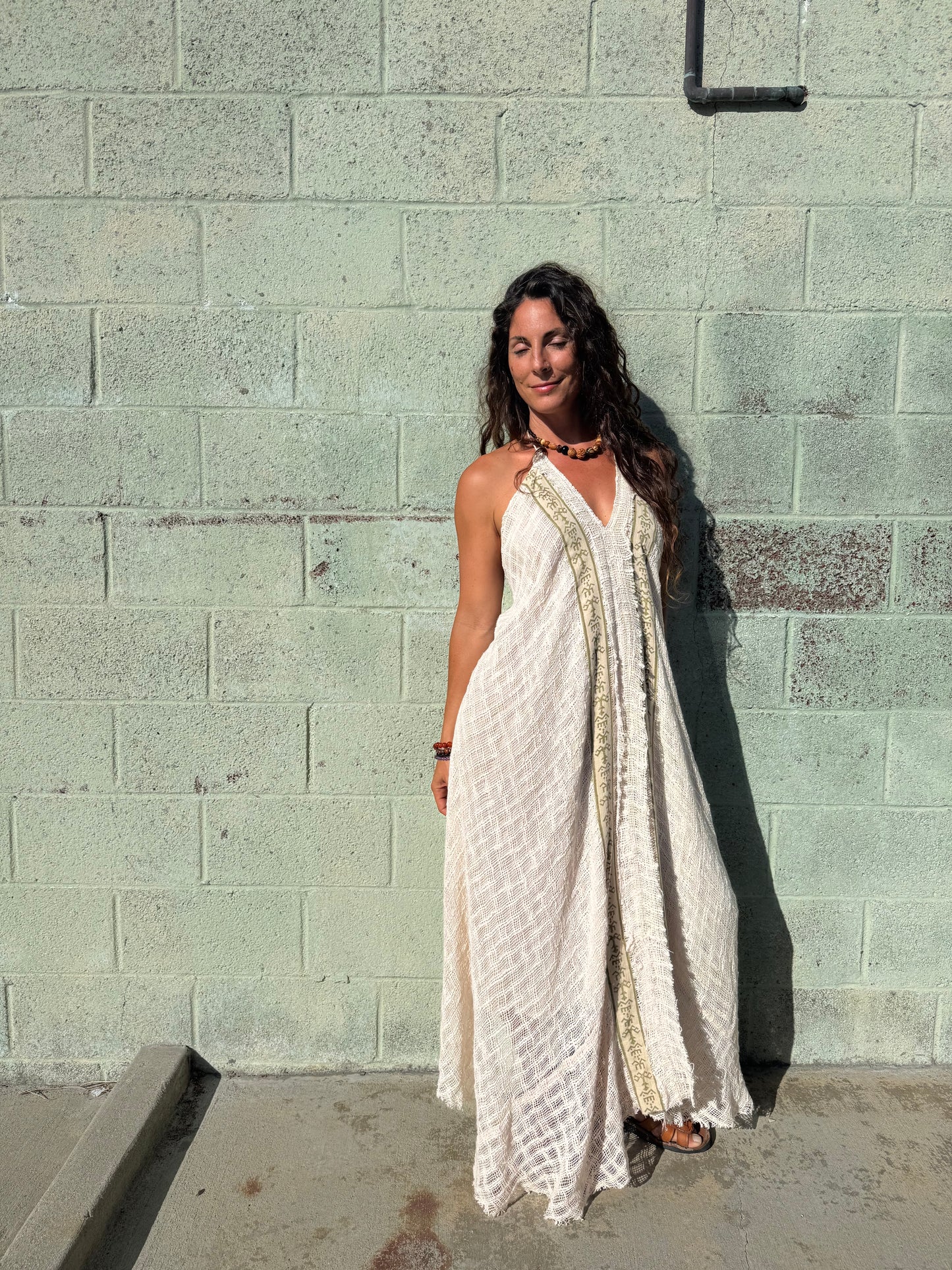Bohemian Crochet Halter Maxi Dress – Handmade Cotton Lace Dress – One Size