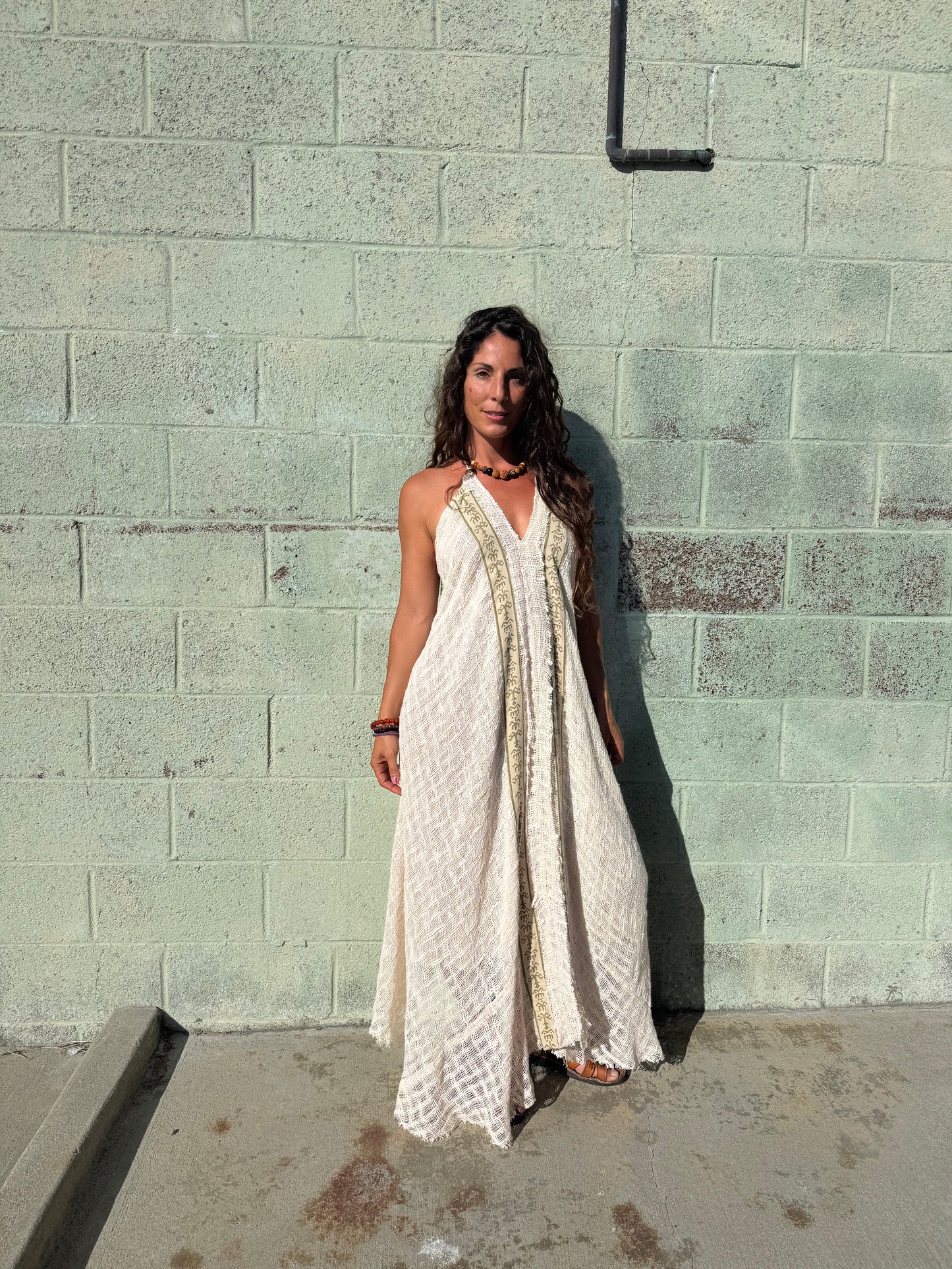 Bohemian Crochet Halter Maxi Dress – Handmade Cotton Lace Dress – One Size