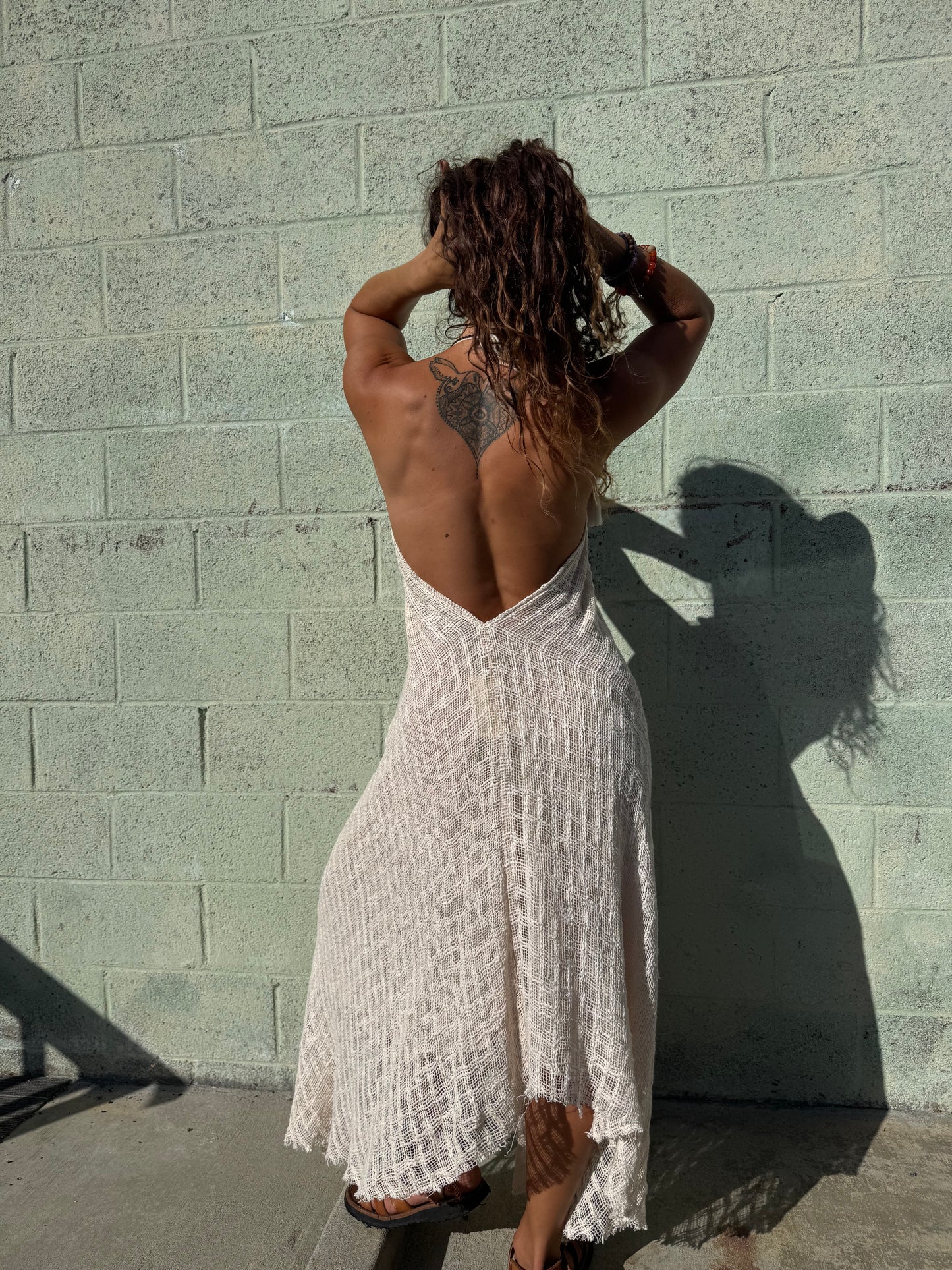 Bohemian Crochet Halter Maxi Dress – Handmade Cotton Lace Dress – One Size