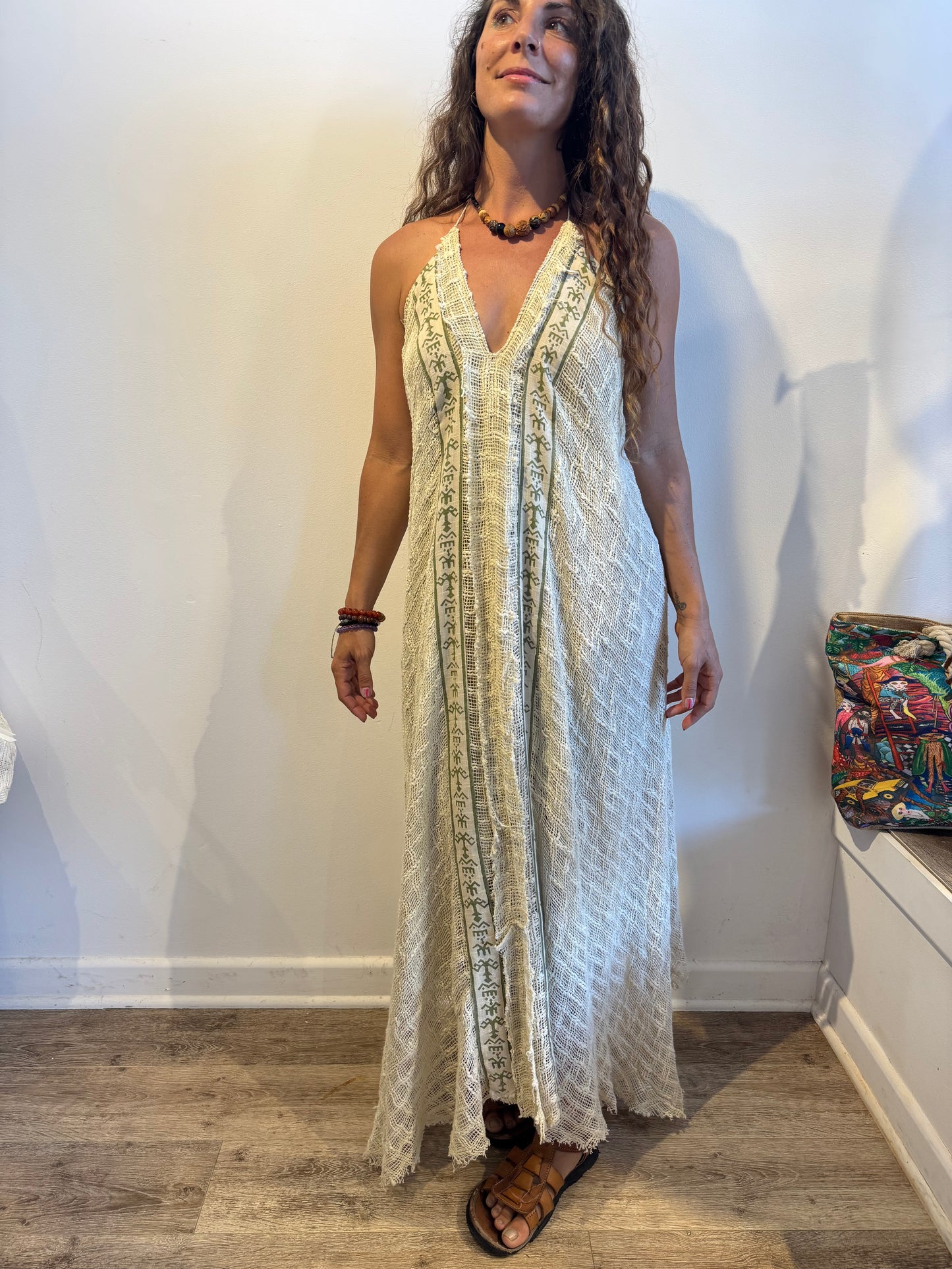 Bohemian Crochet Halter Maxi Dress – Handmade Cotton Lace Dress – One Size