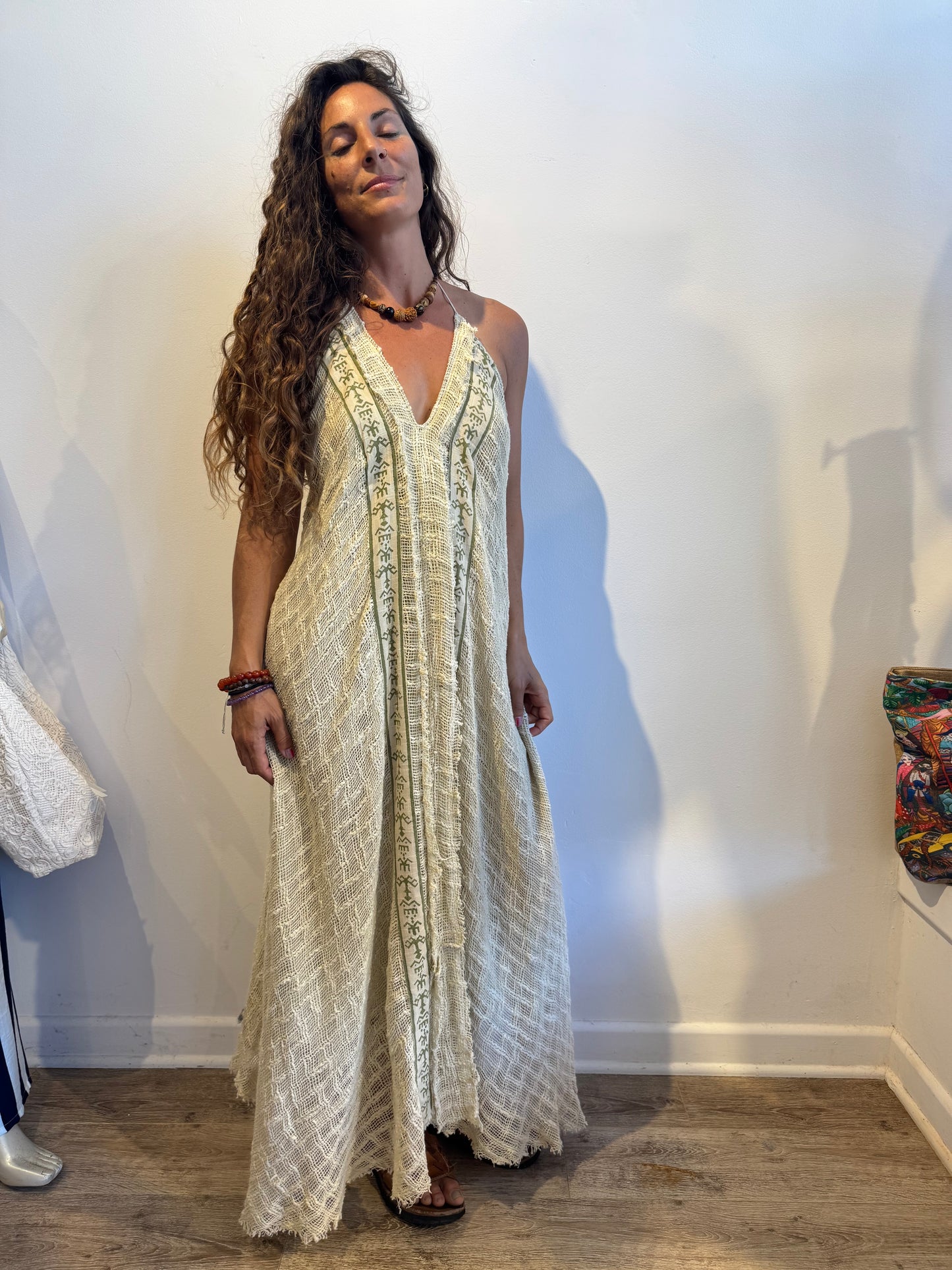 Bohemian Crochet Halter Maxi Dress – Handmade Cotton Lace Dress – One Size