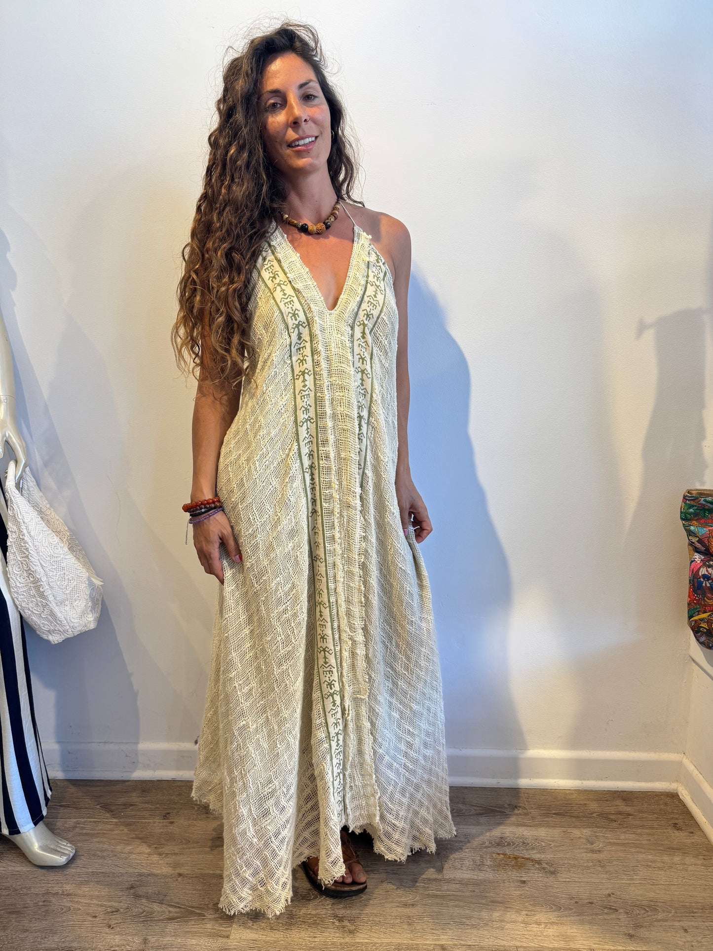 Bohemian Crochet Halter Maxi Dress – Handmade Cotton Lace Dress – One Size