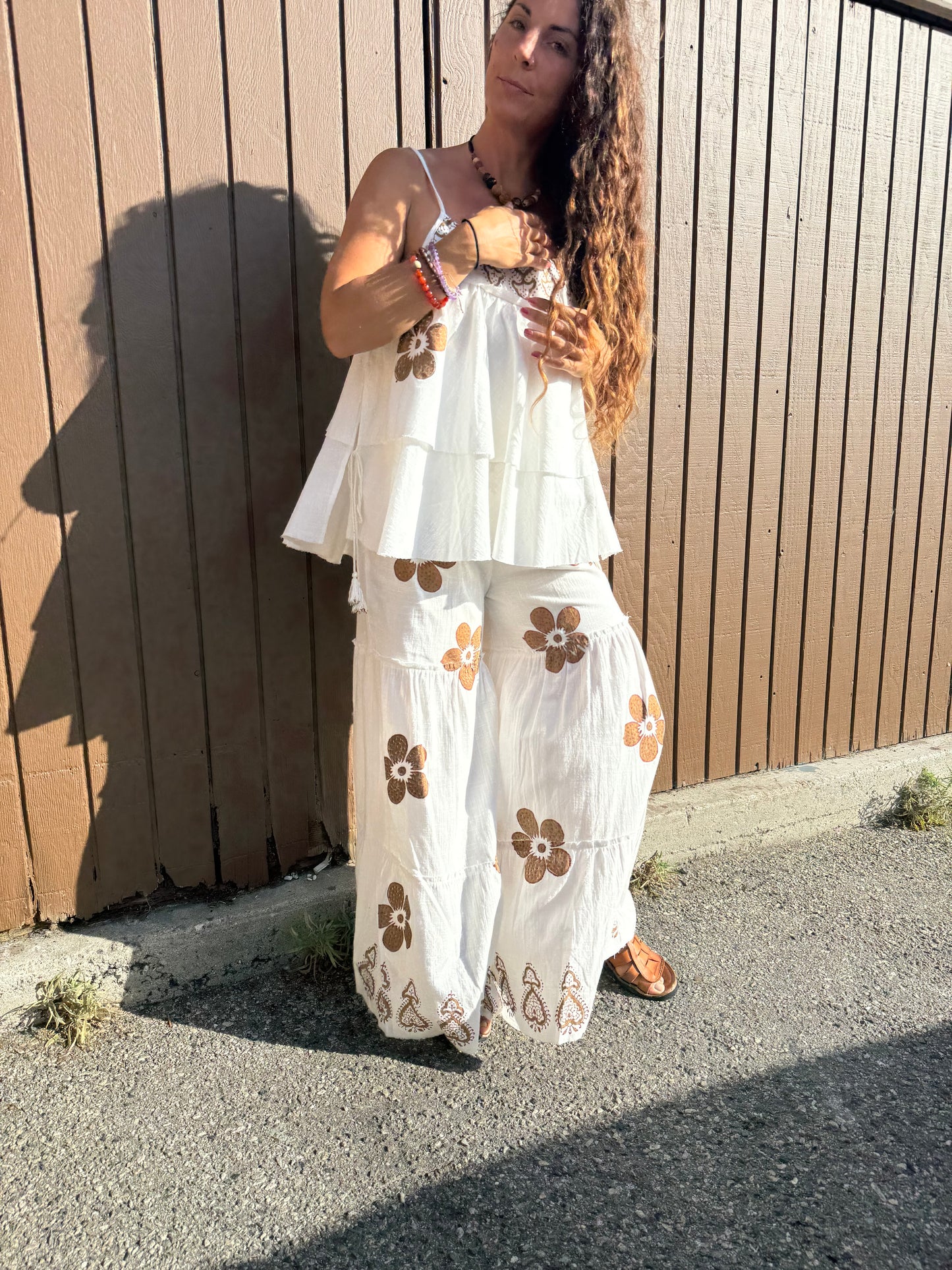 Boho Floral Cotton Two-Piece Set – One Size | Tiered Wide Leg Pants &amp; Flowy Cami Top