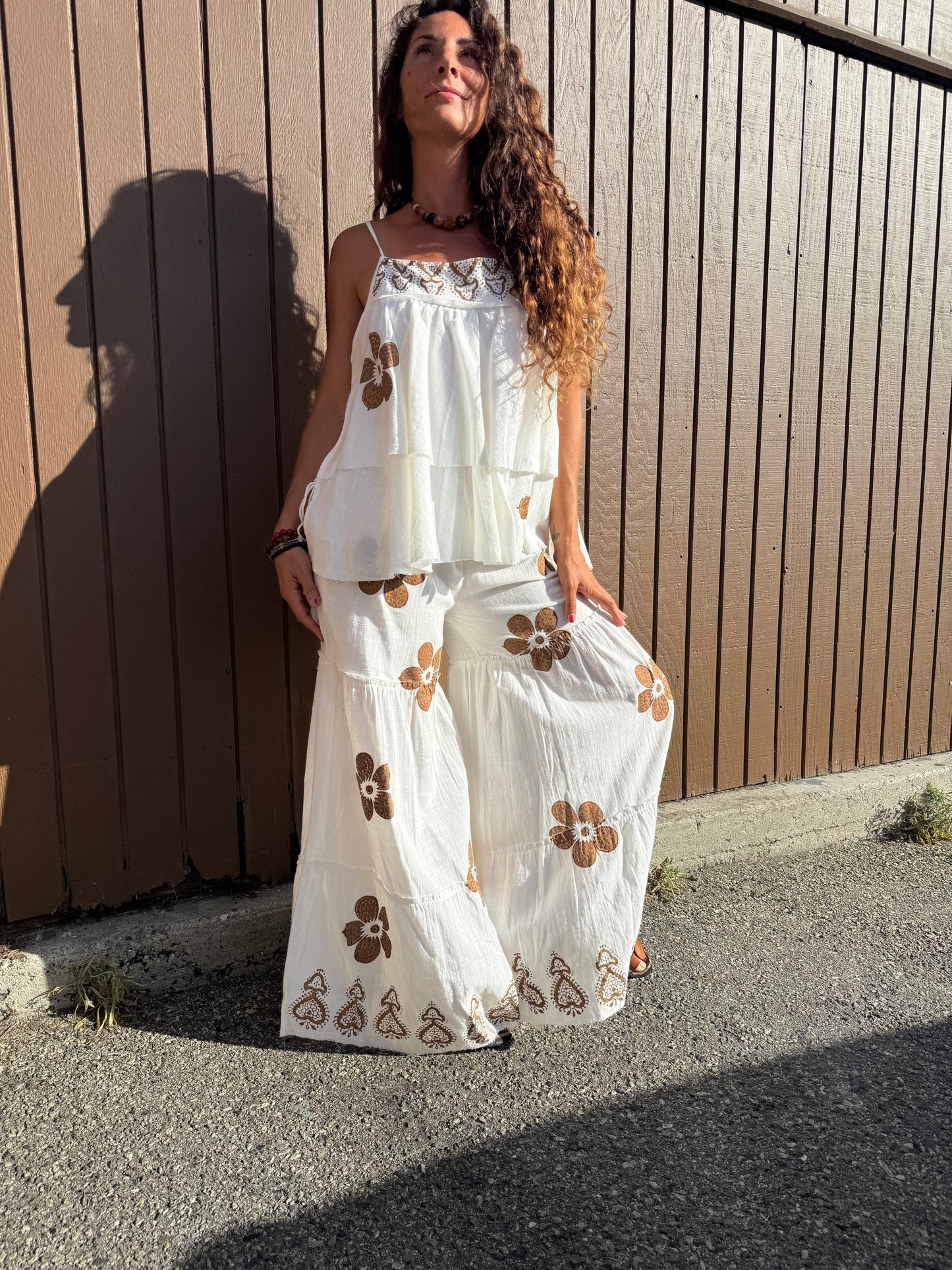 Boho Floral Cotton Two-Piece Set – One Size | Tiered Wide Leg Pants &amp; Flowy Cami Top