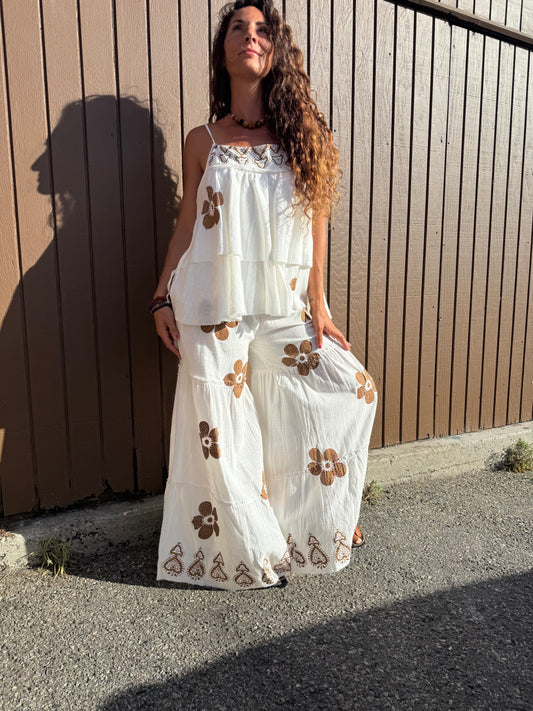 Boho Floral Cotton Two-Piece Set – One Size | Tiered Wide Leg Pants &amp; Flowy Cami Top