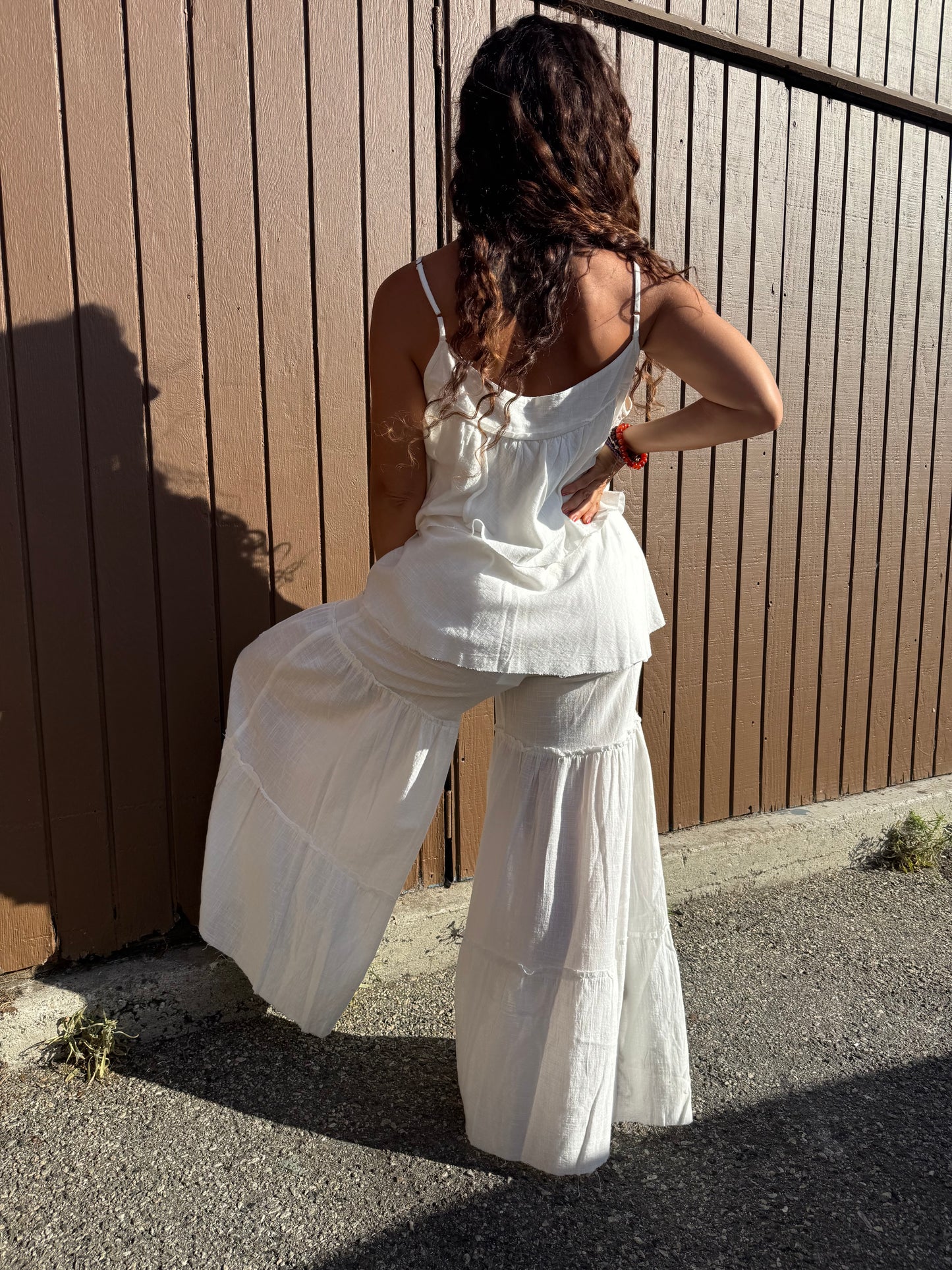 Boho Floral Cotton Two-Piece Set – One Size | Tiered Wide Leg Pants &amp; Flowy Cami Top
