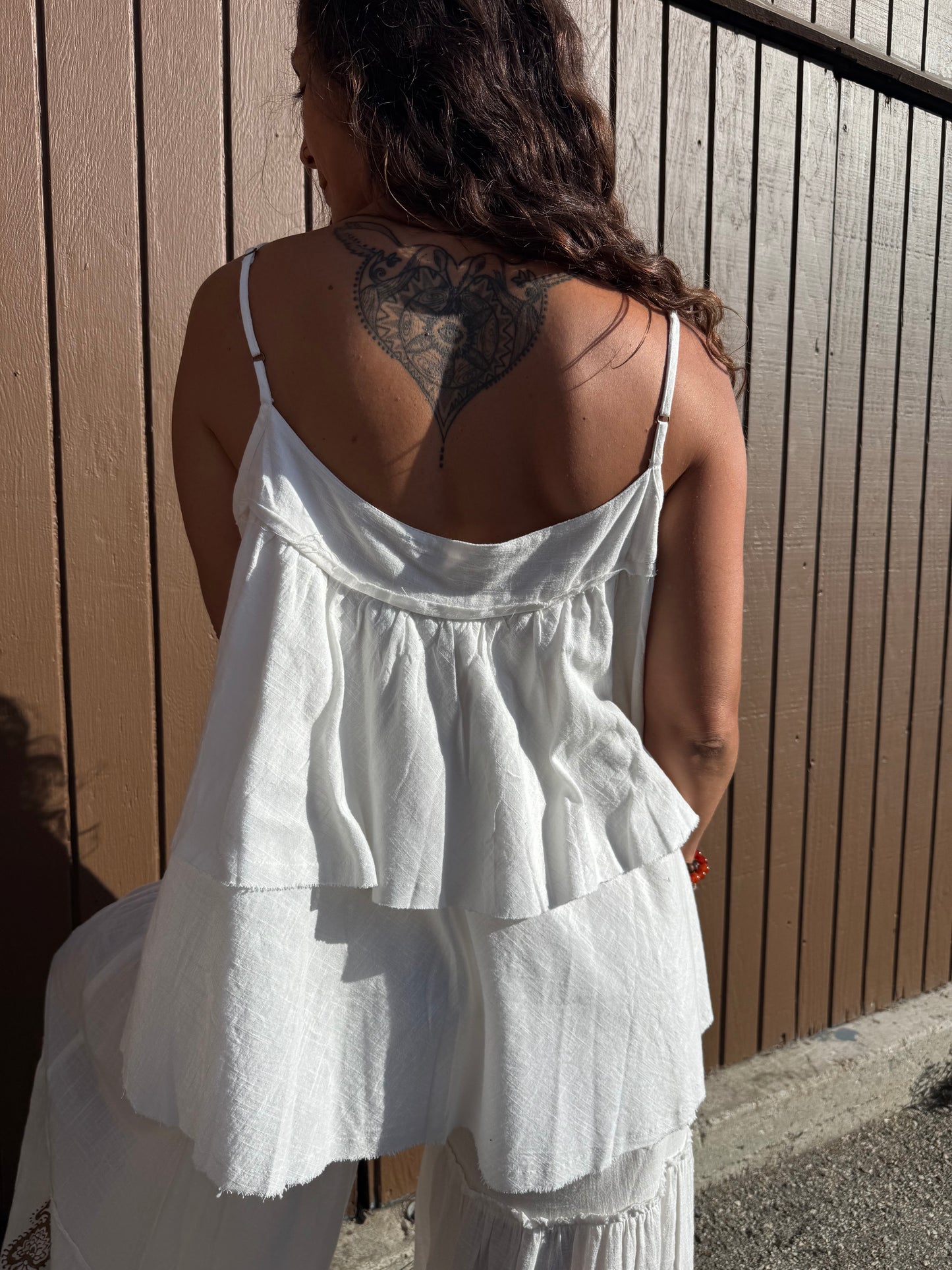 Boho Floral Cotton Two-Piece Set – One Size | Tiered Wide Leg Pants &amp; Flowy Cami Top
