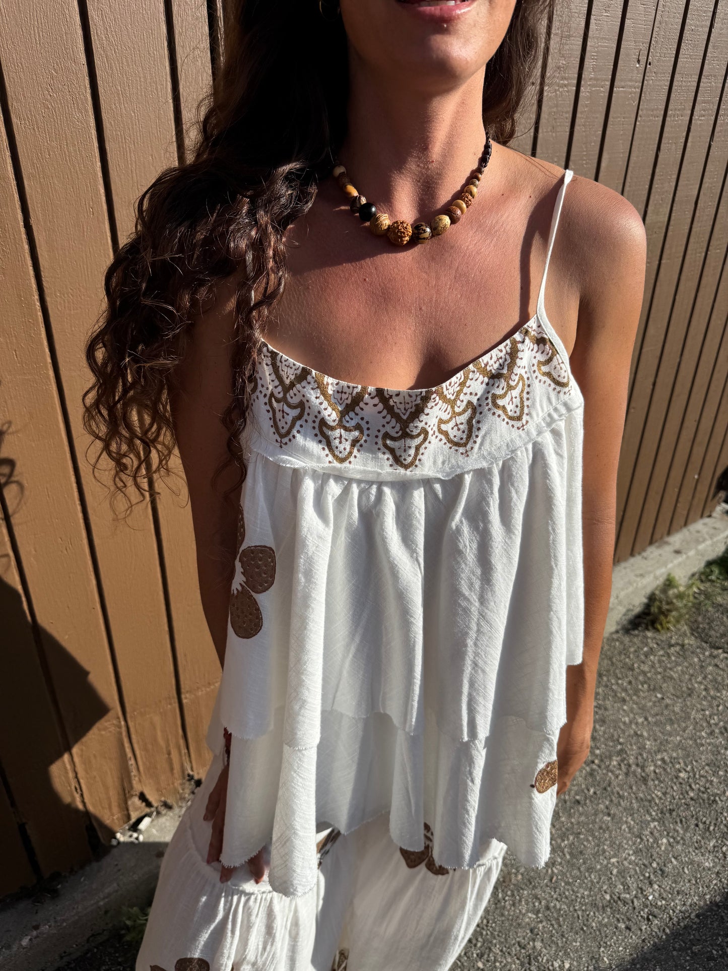 Boho Floral Cotton Two-Piece Set – One Size | Tiered Wide Leg Pants &amp; Flowy Cami Top