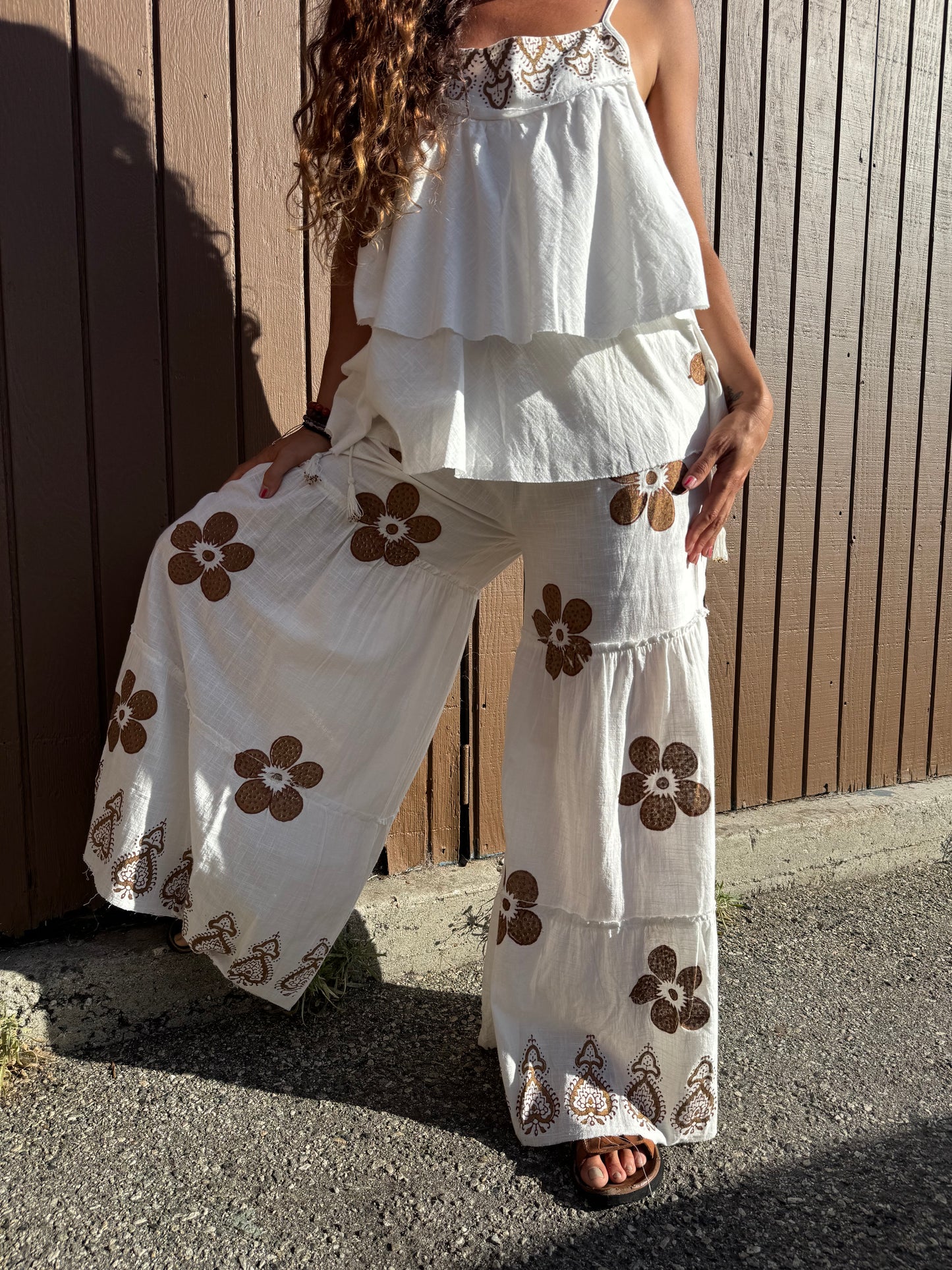 Boho Floral Cotton Two-Piece Set – One Size | Tiered Wide Leg Pants &amp; Flowy Cami Top