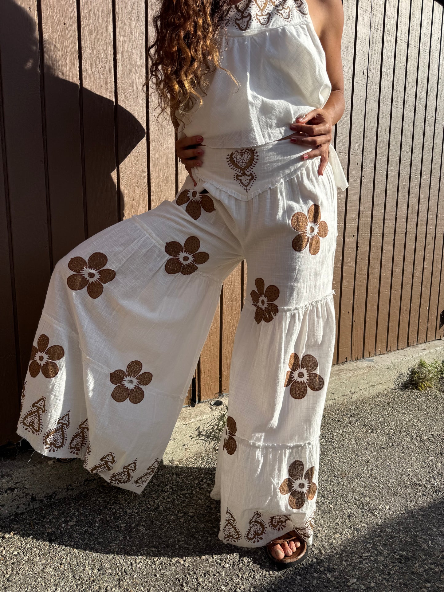 Boho Floral Cotton Two-Piece Set – One Size | Tiered Wide Leg Pants &amp; Flowy Cami Top