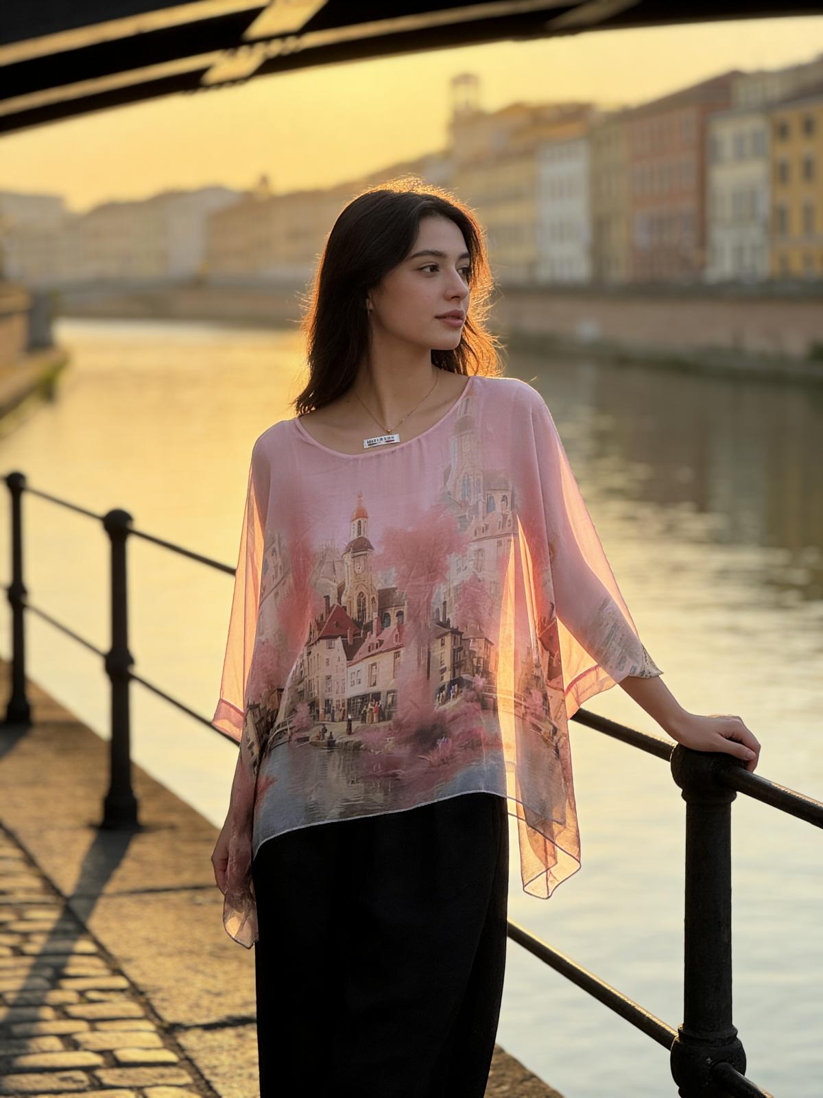 Made in Italy Romantic Cityscape Silk Blend Top – One Size Watercolor Blouses