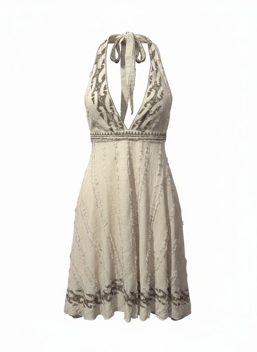 Golden Sands Halter Mini Dress – Boho Cotton Sundress with Open Back