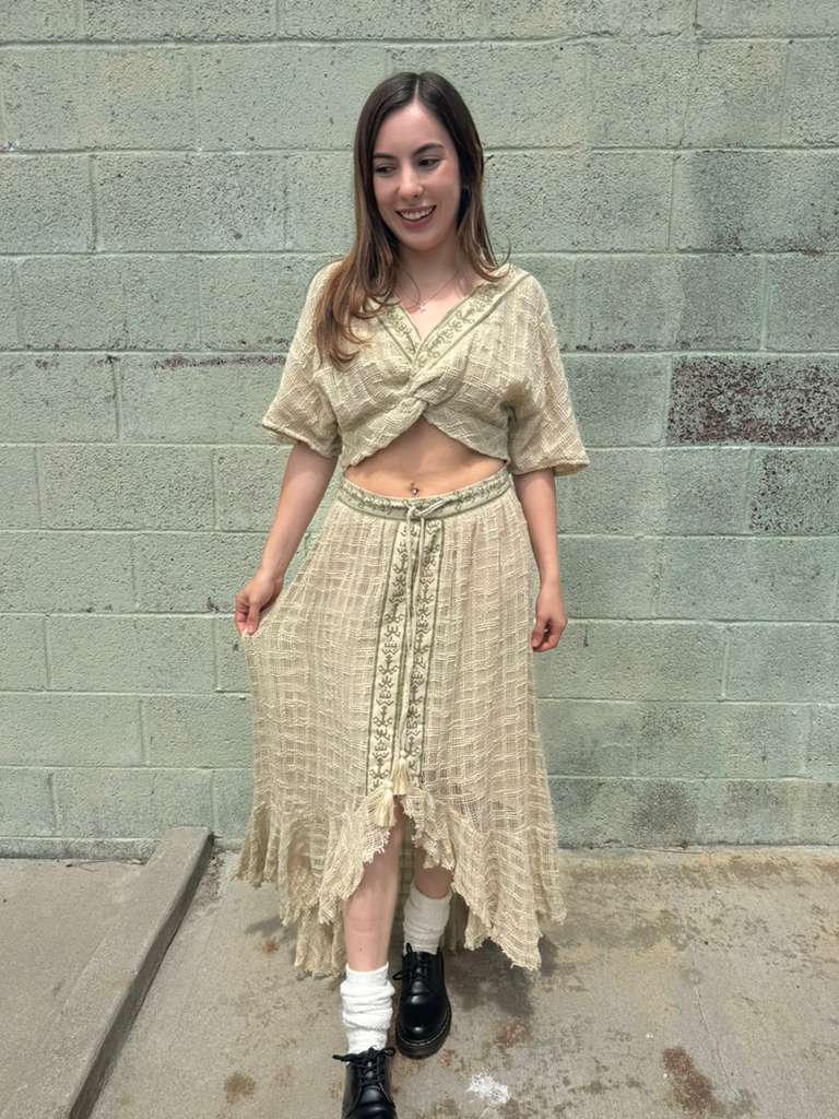 Boho Patchwork Gauze Crop Top &amp; Asymmetrical Skirt Set – One Size – Festival Style Two Piece Outfit