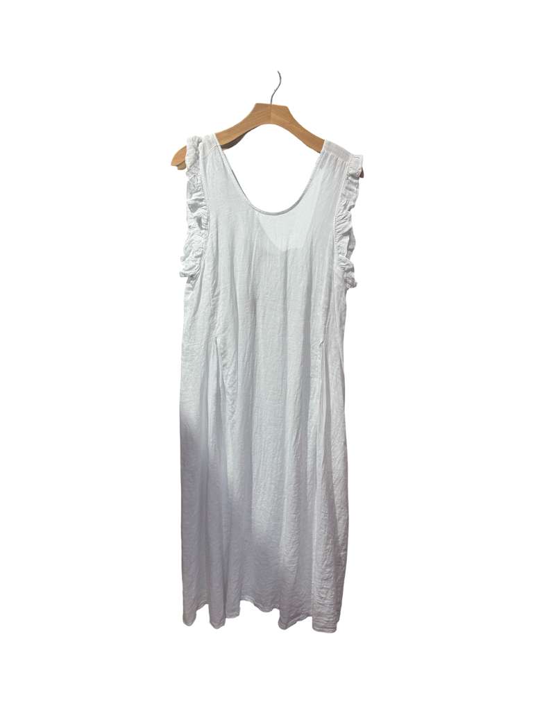 Linen Maxi Dress – Boho Sleeveless Dress with Ruffle Shoulders | Relaxed Fit Midi Maxi Dress | Made in Italy