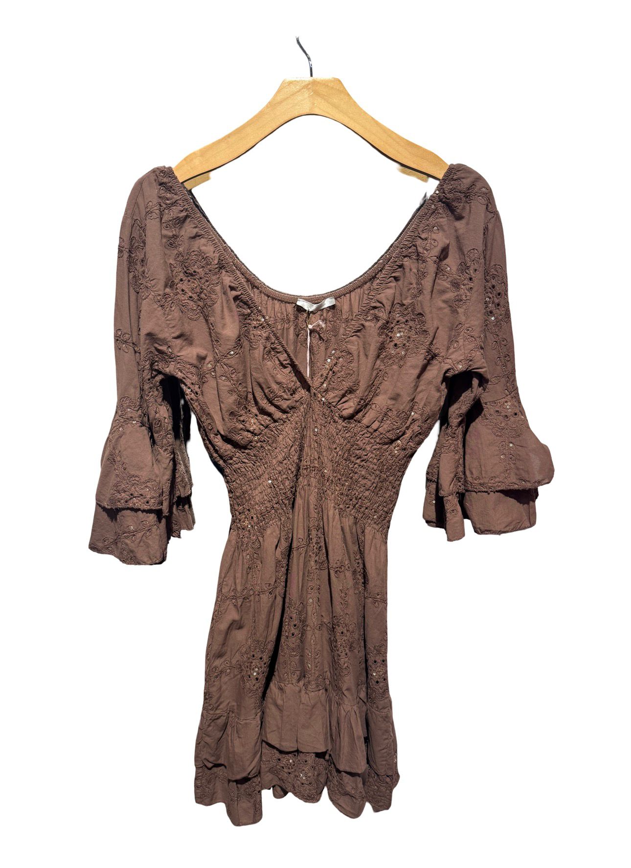 Embroidered Beaded Cotton Mini Dress – Smocked Waist, One Size