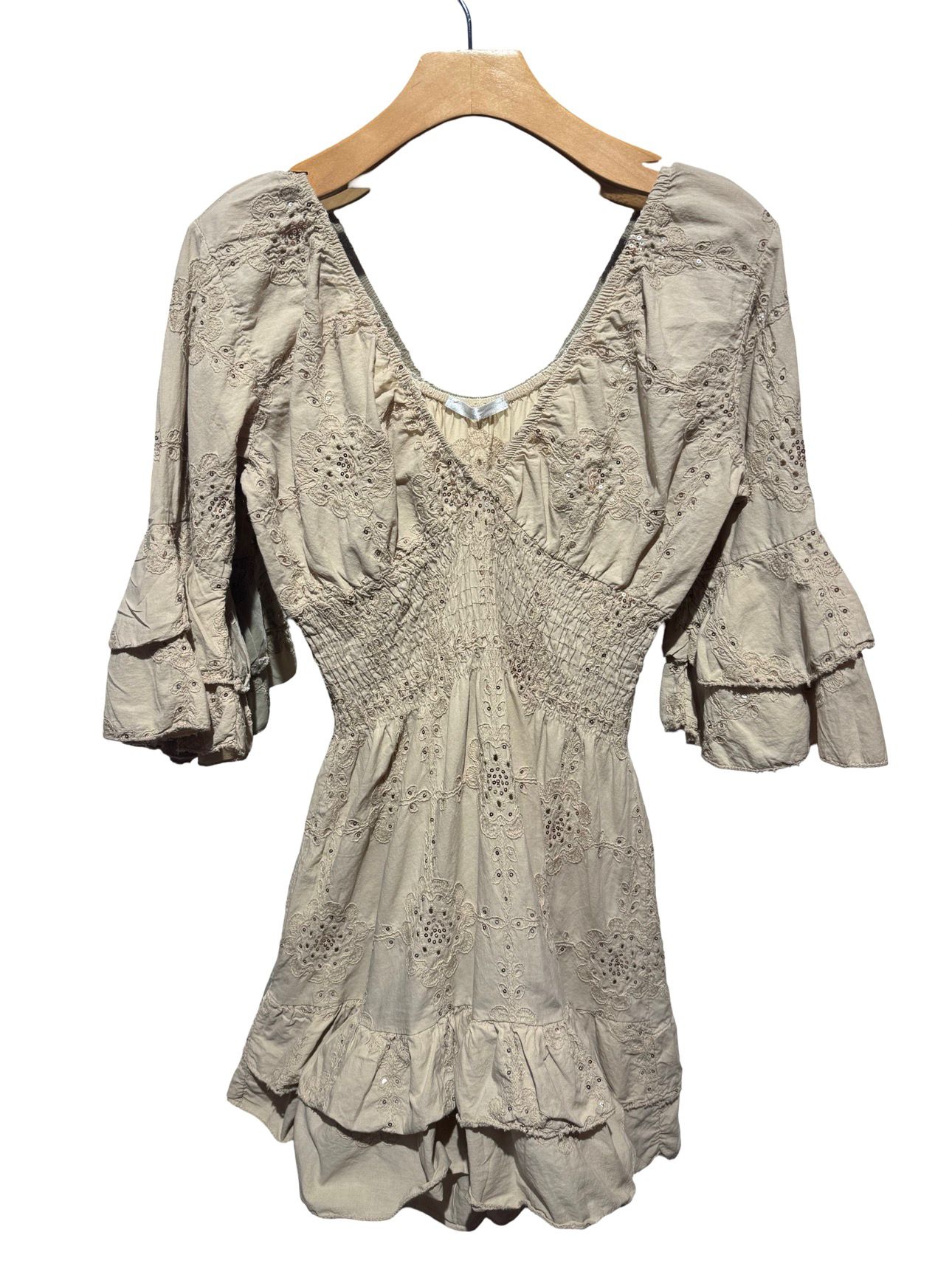 Embroidered Beaded Cotton Mini Dress – Smocked Waist, One Size