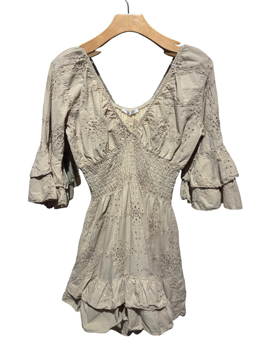 Embroidered Beaded Cotton Mini Dress – Smocked Waist, One Size