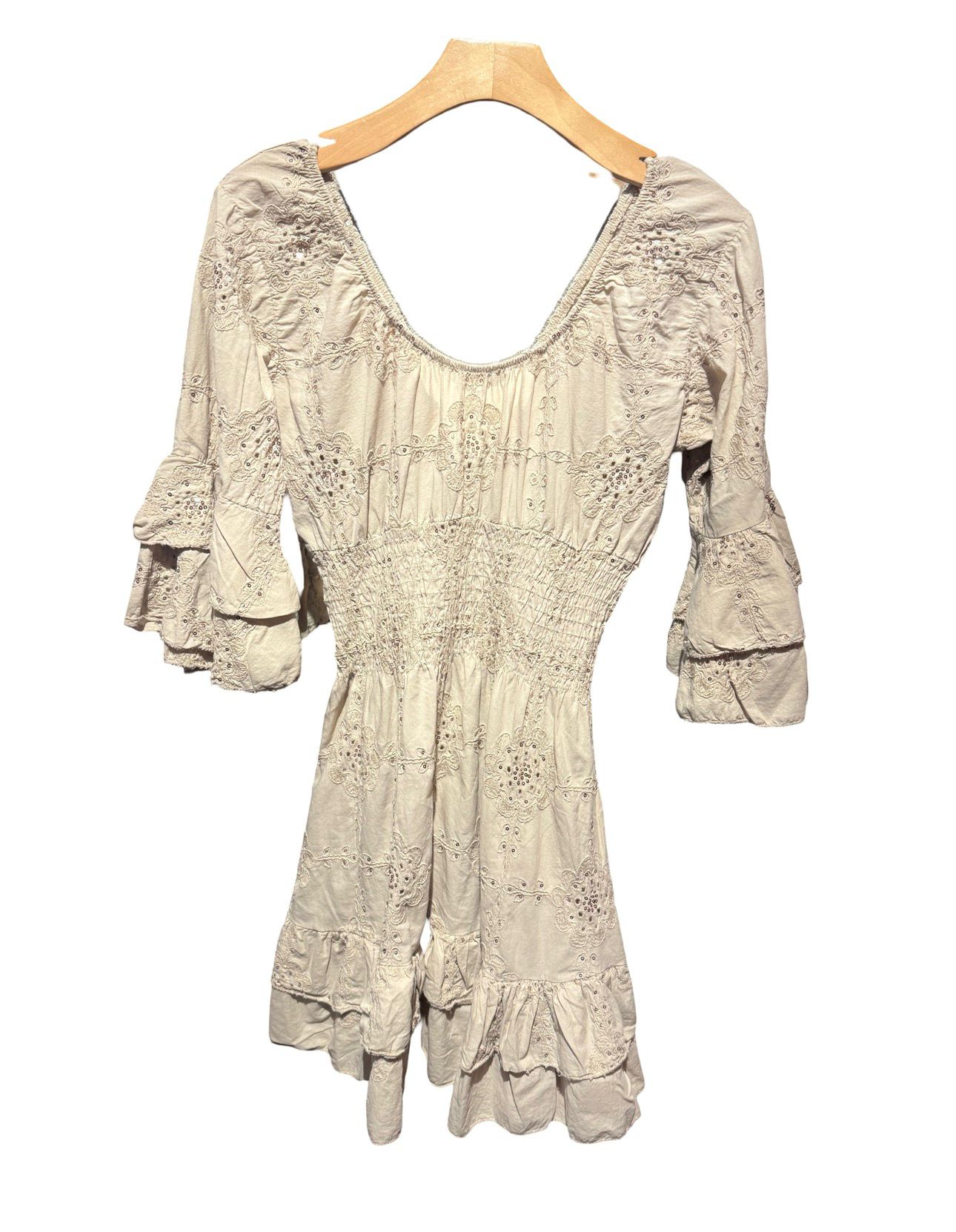 Embroidered Beaded Cotton Mini Dress – Smocked Waist, One Size