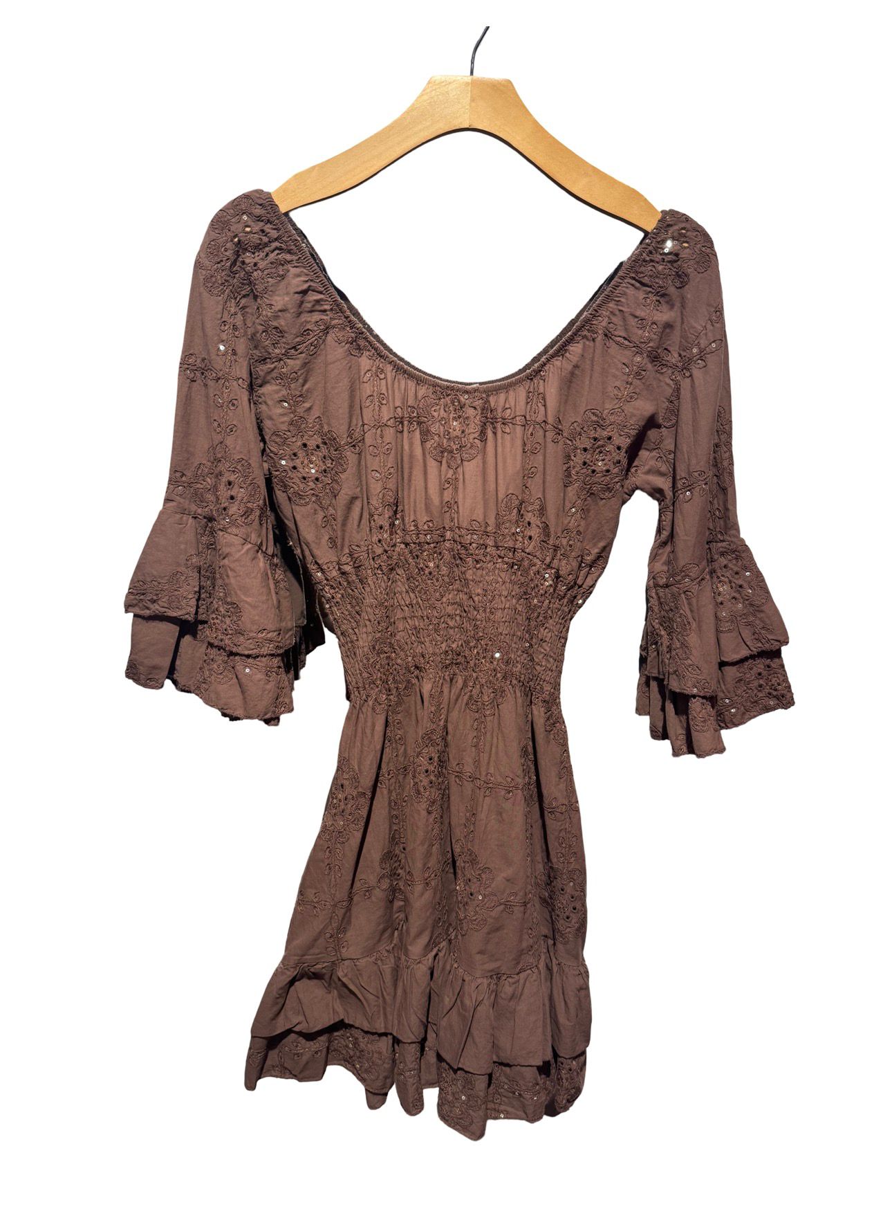 Embroidered Beaded Cotton Mini Dress – Smocked Waist, One Size