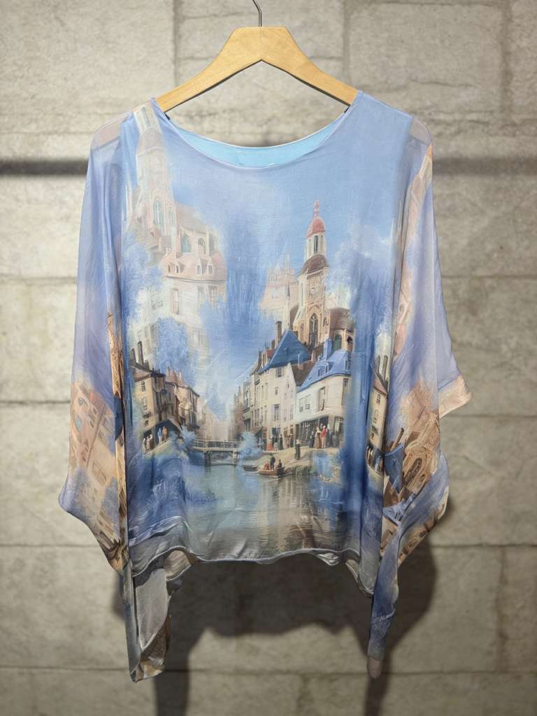 Made in Italy Romantic Cityscape Silk Blend Top – One Size Watercolor Blouses