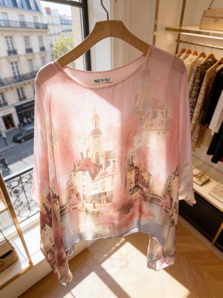 Made in Italy Romantic Cityscape Silk Blend Top – One Size Watercolor Blouses
