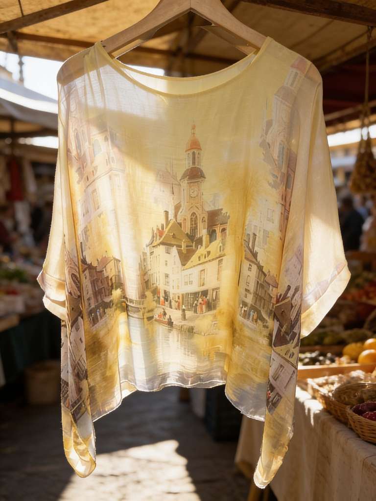 Made in Italy Romantic Cityscape Silk Blend Top – One Size Watercolor Blouses