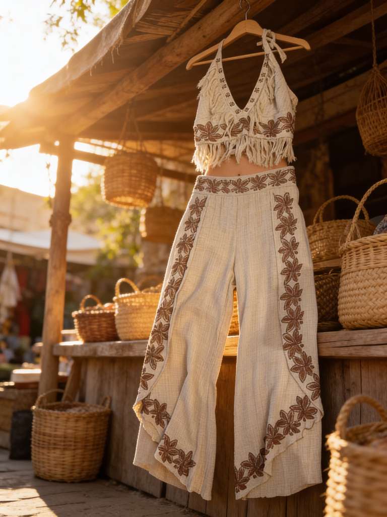Fringe Embroidered Cotton Set – One Size Boho Chic Two Piece Outfit