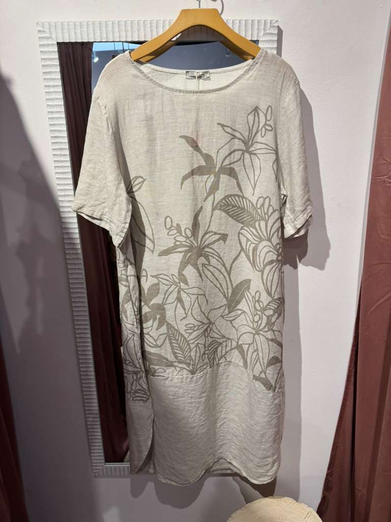 Italian Linen Floral Pocket Dress – One Size Boho Tunic Dress – Made in Italy