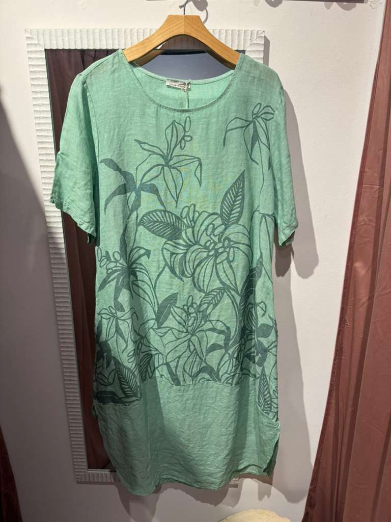 Italian Linen Floral Pocket Dress – One Size Boho Tunic Dress – Made in Italy