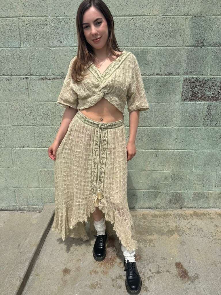 Boho Patchwork Gauze Crop Top &amp; Asymmetrical Skirt Set – One Size – Festival Style Two Piece Outfit